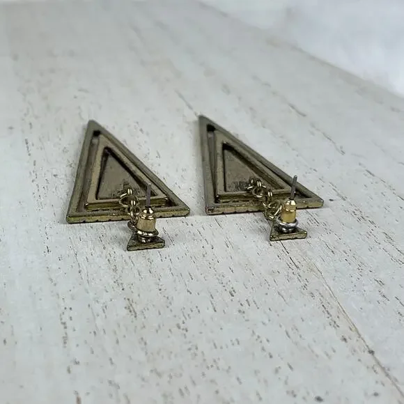 Gold Tone Tiered Triangle Cairo Dangle Earrings Black Geo Geometric Boho Jewelry - Picture 10 of 16